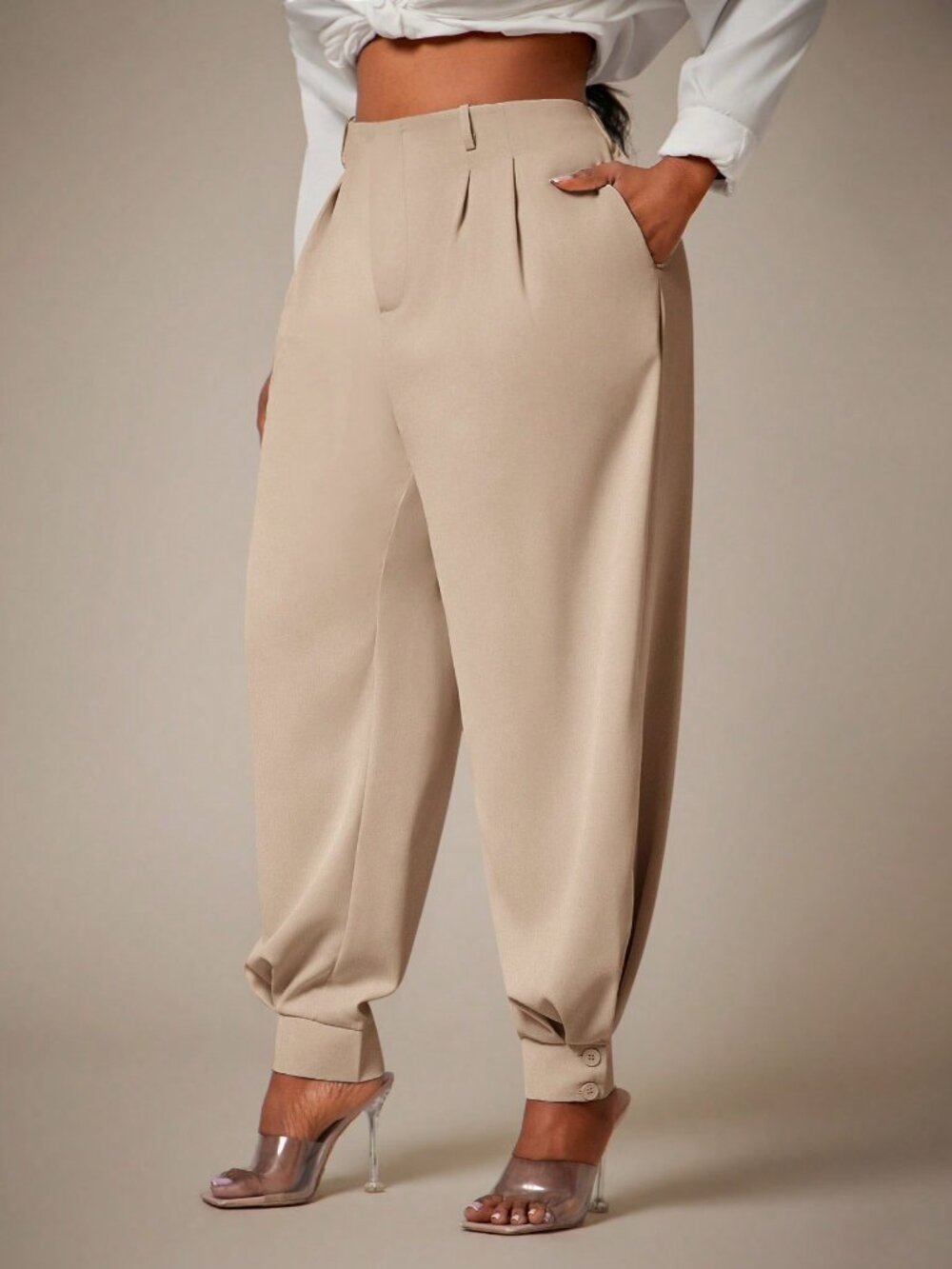 Khaki Casual Women's Elastic Waist Cuffed Ankle Pants